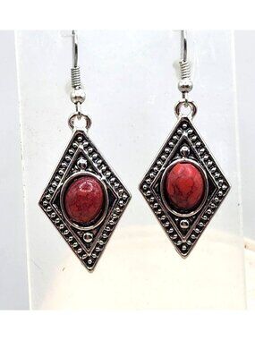 Boho Tribal Silver-Tone Diamond-Shaped Earrings With Red Stone Accents